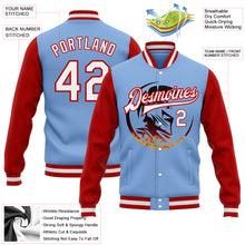 Load image into Gallery viewer, Custom Light Blue White-Red Spartan Logo 3D Pattern Design Bomber Full-Snap Varsity Letterman Two Tone Jacket
