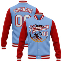 Load image into Gallery viewer, Custom Light Blue White-Red Spartan Logo 3D Pattern Design Bomber Full-Snap Varsity Letterman Two Tone Jacket
