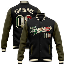 Load image into Gallery viewer, Custom Black Vintage Mexican Flag Cream-Olive Bomber Full-Snap Varsity Letterman Two Tone Jacket
