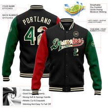 Load image into Gallery viewer, Custom Black Vintage Mexican Flag Cream Kelly Green-Red Bomber Full-Snap Varsity Letterman Two Tone Jacket

