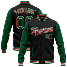 Load image into Gallery viewer, Custom Black Kelly Green-Red Bomber Full-Snap Varsity Letterman Two Tone Jacket
