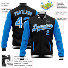 Load image into Gallery viewer, Custom Black Powder Blue-White Bomber Full-Snap Varsity Letterman Two Tone Jacket
