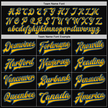 Load image into Gallery viewer, Custom Black Powder Blue-Gold Bomber Full-Snap Varsity Letterman Two Tone Jacket
