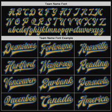 Load image into Gallery viewer, Custom Black Powder Blue-Old Gold Bomber Full-Snap Varsity Letterman Two Tone Jacket
