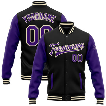 Custom Black Purple-Cream Bomber Full-Snap Varsity Letterman Two Tone Jacket
