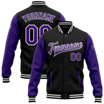 Custom Black Purple-White Bomber Full-Snap Varsity Letterman Two Tone Jacket