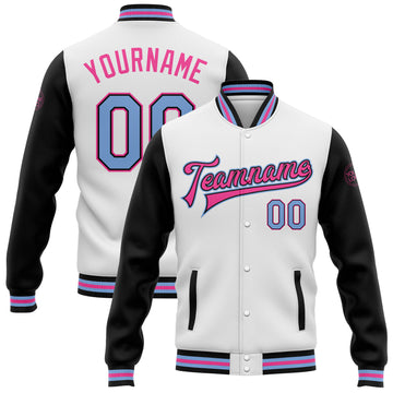 Custom White Light Blue-Pink Bomber Full-Snap Varsity Letterman Two Tone Jacket