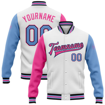 Custom White Light Blue Black-Pink Bomber Full-Snap Varsity Letterman Two Tone Jacket