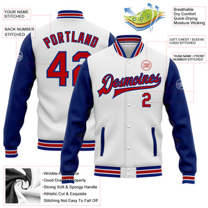 Custom White Red-Royal Bomber Full-Snap Varsity Letterman Two Tone Jacket