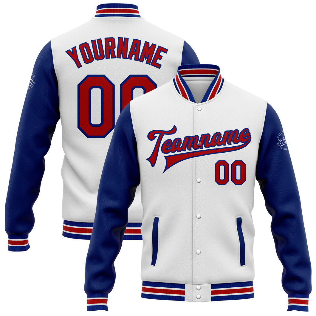 Custom White Red-Royal Bomber Full-Snap Varsity Letterman Two Tone Jacket