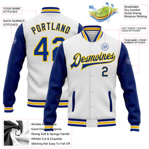 Custom White Royal-Yellow Bomber Full-Snap Varsity Letterman Two Tone Jacket