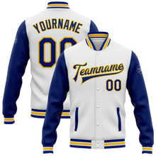 Load image into Gallery viewer, Custom White Royal-Yellow Bomber Full-Snap Varsity Letterman Two Tone Jacket
