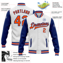 Load image into Gallery viewer, Custom White Orange-Royal Bomber Full-Snap Varsity Letterman Two Tone Jacket
