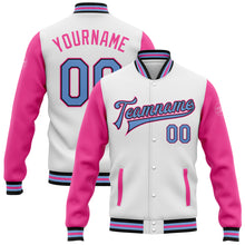 Load image into Gallery viewer, Custom White Light Blue Black-Pink Bomber Full-Snap Varsity Letterman Two Tone Jacket
