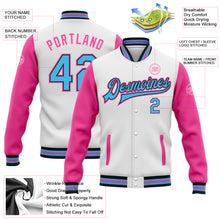 Load image into Gallery viewer, Custom White Sky Blue Black-Pink Bomber Full-Snap Varsity Letterman Two Tone Jacket
