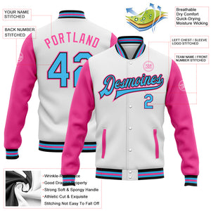 Custom White Sky Blue Black-Pink Bomber Full-Snap Varsity Letterman Two Tone Jacket