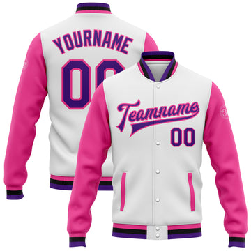 Custom White Purple Pink-Black Bomber Full-Snap Varsity Letterman Two Tone Jacket