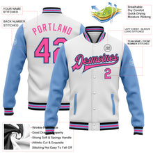 Load image into Gallery viewer, Custom White Pink Black-Light Blue Bomber Full-Snap Varsity Letterman Two Tone Jacket
