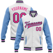 Load image into Gallery viewer, Custom White Pink Black-Light Blue Bomber Full-Snap Varsity Letterman Two Tone Jacket
