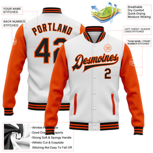 Custom White Black-Orange Bomber Full-Snap Varsity Letterman Two Tone Jacket