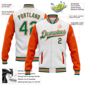 Custom White Kelly Green-Orange Bomber Full-Snap Varsity Letterman Two Tone Jacket