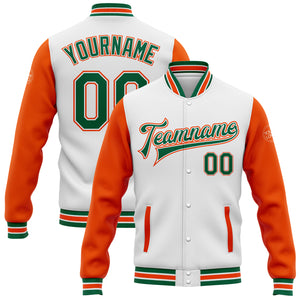 Custom White Kelly Green-Orange Bomber Full-Snap Varsity Letterman Two Tone Jacket