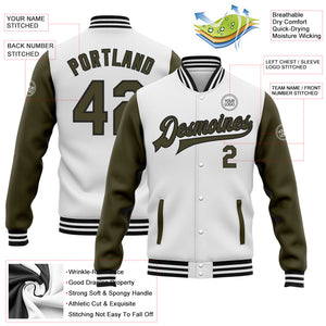 Custom White Olive-Black Bomber Full-Snap Varsity Letterman Two Tone Jacket