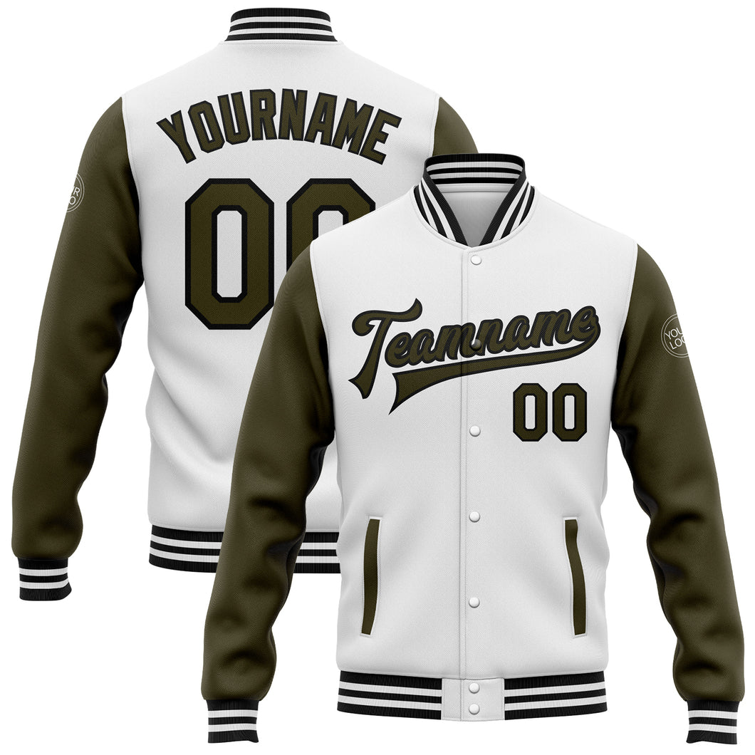 Custom White Olive-Black Bomber Full-Snap Varsity Letterman Two Tone Jacket