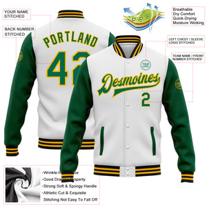 Custom White Kelly Green Gold-Black Bomber Full-Snap Varsity Letterman Two Tone Jacket