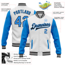 Load image into Gallery viewer, Custom White Electric Blue-Black Bomber Full-Snap Varsity Letterman Two Tone Jacket
