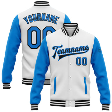 Custom White Electric Blue-Black Bomber Full-Snap Varsity Letterman Two Tone Jacket