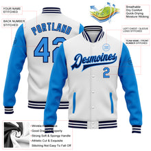 Load image into Gallery viewer, Custom White Electric Blue-Navy Bomber Full-Snap Varsity Letterman Two Tone Jacket
