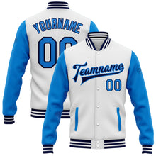 Load image into Gallery viewer, Custom White Powder Blue-Navy Bomber Full-Snap Varsity Letterman Two Tone Jacket
