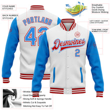 Load image into Gallery viewer, Custom White Powder Blue-Red Bomber Full-Snap Varsity Letterman Two Tone Jacket
