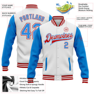 Custom White Electric Blue-Red Bomber Full-Snap Varsity Letterman Two Tone Jacket