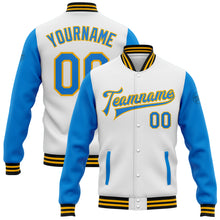 Load image into Gallery viewer, Custom White Electric Blue Gold-Black Bomber Full-Snap Varsity Letterman Two Tone Jacket
