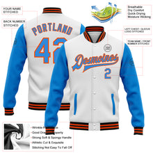 Load image into Gallery viewer, Custom White Powder Blue Orange-Black Bomber Full-Snap Varsity Letterman Two Tone Jacket

