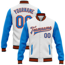 Load image into Gallery viewer, Custom White Powder Blue Orange-Black Bomber Full-Snap Varsity Letterman Two Tone Jacket
