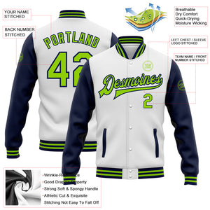 Custom White Neon Green-Navy Bomber Full-Snap Varsity Letterman Two Tone Jacket