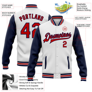 Custom White Red-Navy Bomber Full-Snap Varsity Letterman Two Tone Jacket