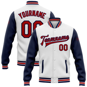 Custom White Red-Navy Bomber Full-Snap Varsity Letterman Two Tone Jacket