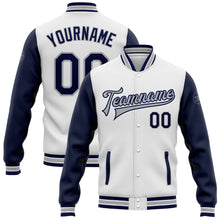 Load image into Gallery viewer, Custom White Navy-Gray Bomber Full-Snap Varsity Letterman Two Tone Jacket
