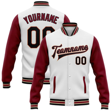 Custom White Black Crimson-City Cream Bomber Full-Snap Varsity Letterman Two Tone Jacket