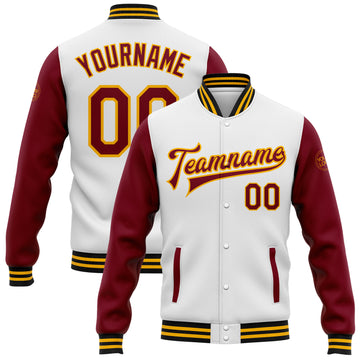 Custom White Crimson Gold-Black Bomber Full-Snap Varsity Letterman Two Tone Jacket