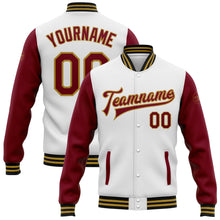 Load image into Gallery viewer, Custom White Crimson Old Gold-Black Bomber Full-Snap Varsity Letterman Two Tone Jacket
