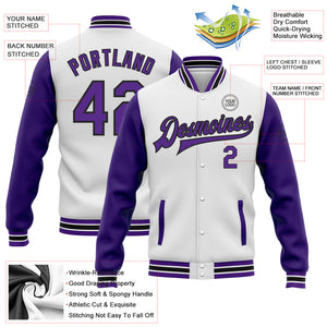 Custom White Purple-Black Bomber Full-Snap Varsity Letterman Two Tone Jacket