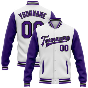 Custom White Purple-Black Bomber Full-Snap Varsity Letterman Two Tone Jacket