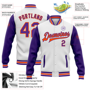 Custom White Purple-Orange Bomber Full-Snap Varsity Letterman Two Tone Jacket