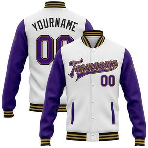 Custom White Purple Old Gold-Black Bomber Full-Snap Varsity Letterman Two Tone Jacket