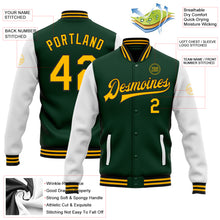 Load image into Gallery viewer, Custom Green Gold-Black Bomber Full-Snap Varsity Letterman Two Tone Jacket
